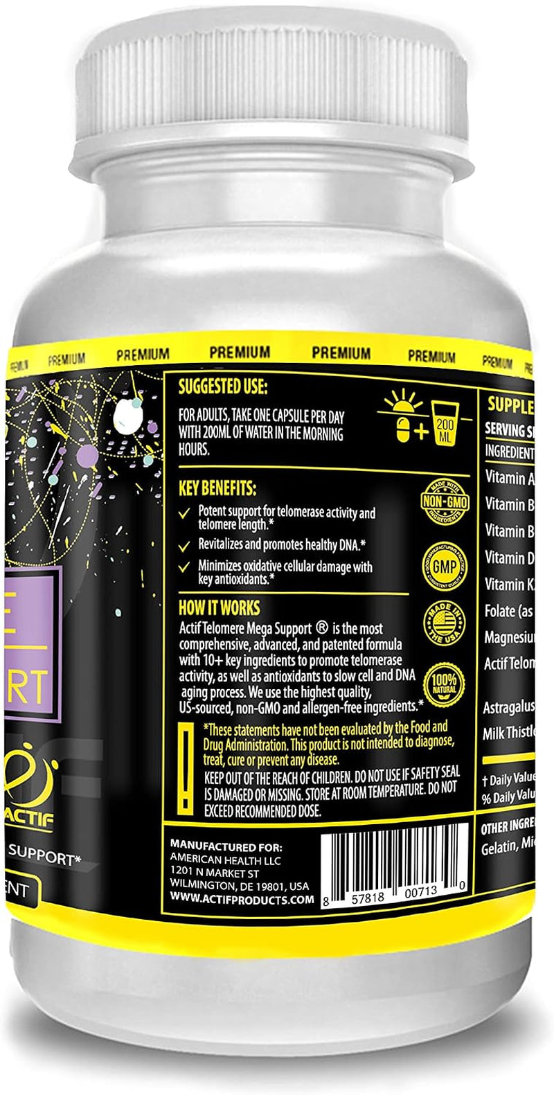 Telomere Mega Support with 10+ Factors, Non-Gmo, Telomerase and DNA Supplement for Energy, Memory and Anti-Aging, Made in USA, 60 Count