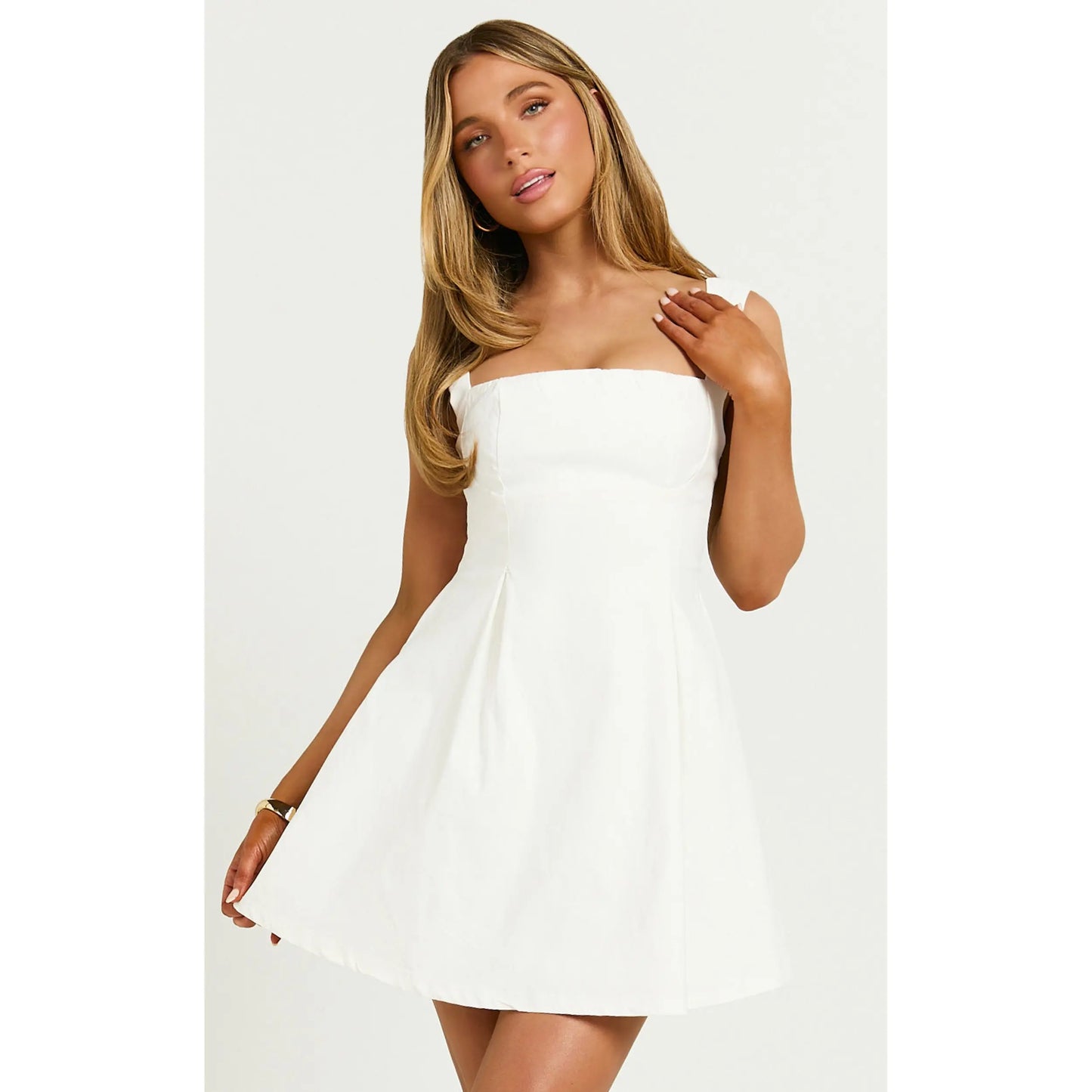 Ida Bow-Back Mini Dress – Elegant Straight Neck & Wide Straps in Classic White