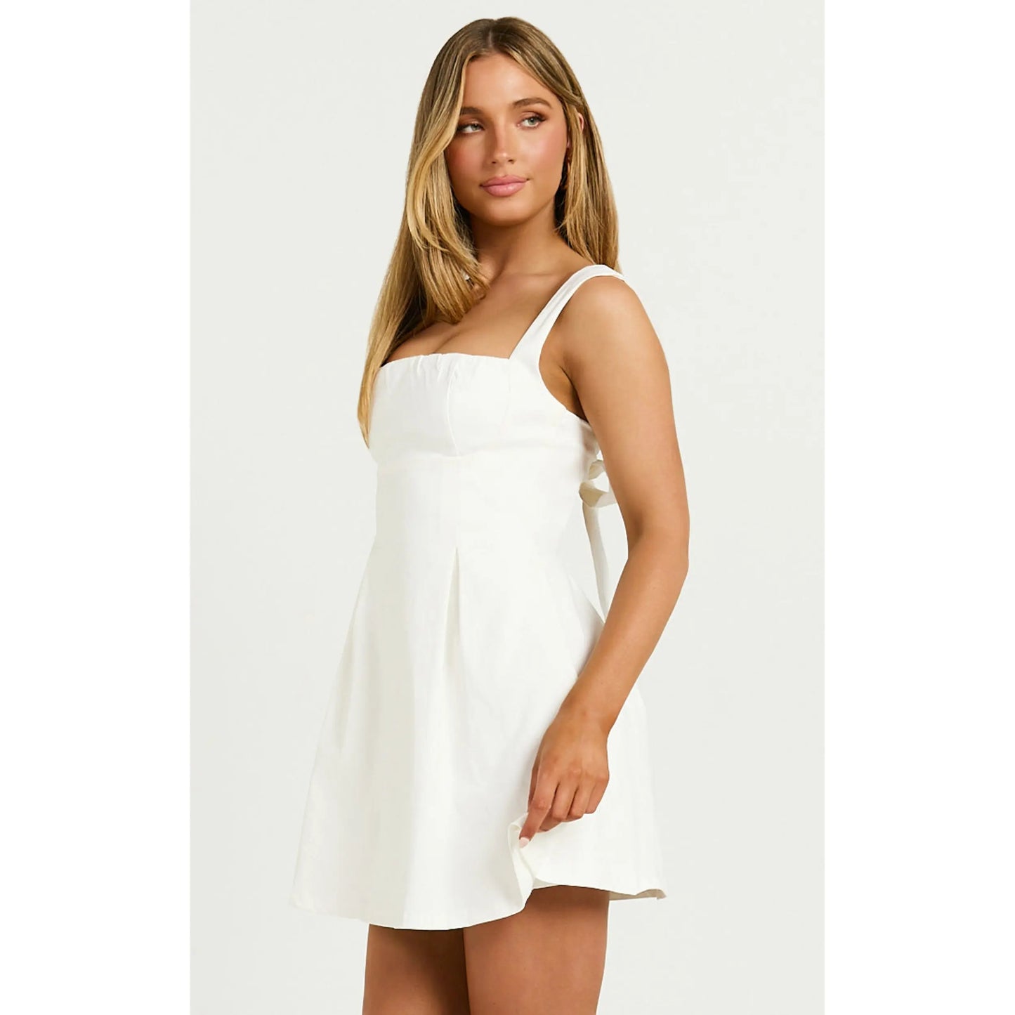 Ida Bow-Back Mini Dress – Elegant Straight Neck & Wide Straps in Classic White