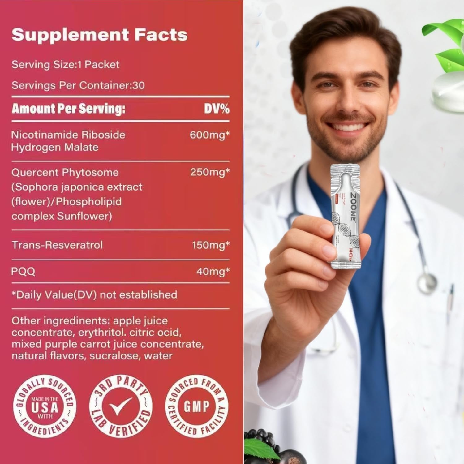 NAD Supplement 1000Mg Liquid with NR, Resveratrol & PQQ, 30 Packets | NAD plus Liquid Supplement with NR, Resveratrol & PQQ; NAD+ Supports Cellular Energy & Healthy Aging for Men & Women