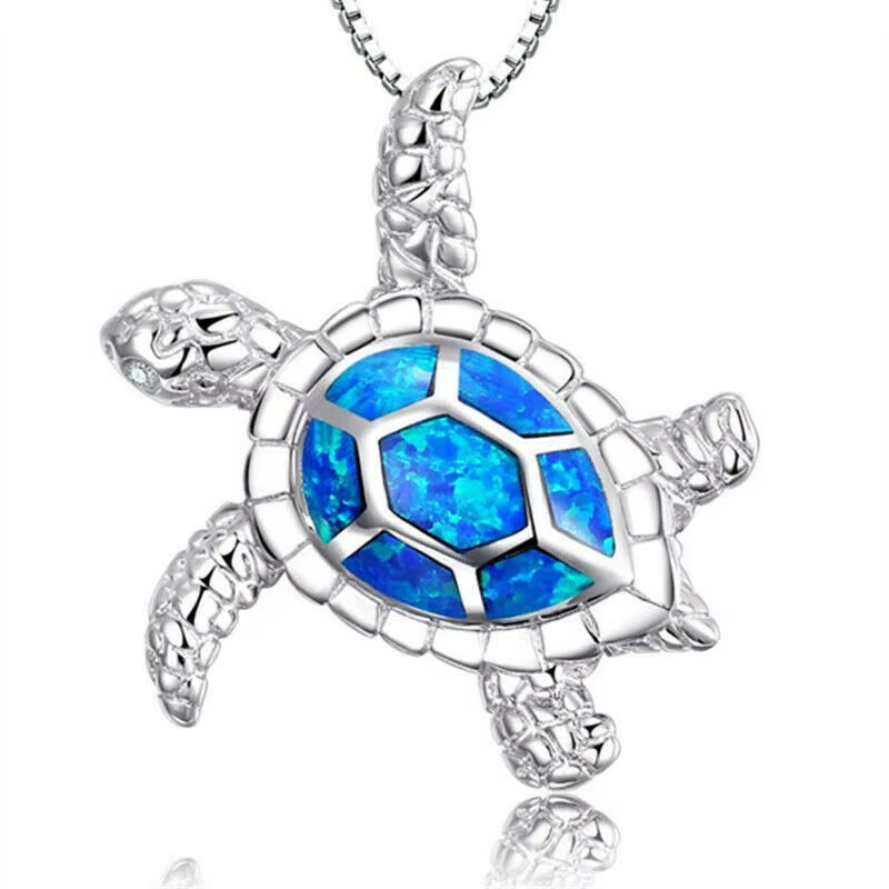🐢 Bohemian Blue Fire Opal Sea Turtle Necklace – Shimmering Ocean Animal Pendant for Women 🌊✨