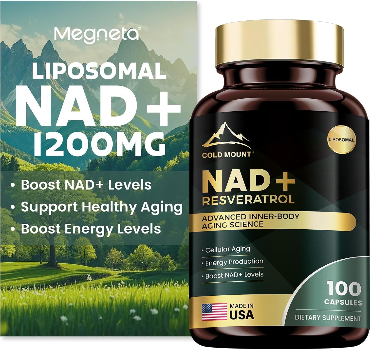 Liposomal NAD+ Supplement 1200Mg with Trans Resveratrol - Boost NAD+ Levels, Energy & Anti-Aging Support - Vegan, 100 Capsules
