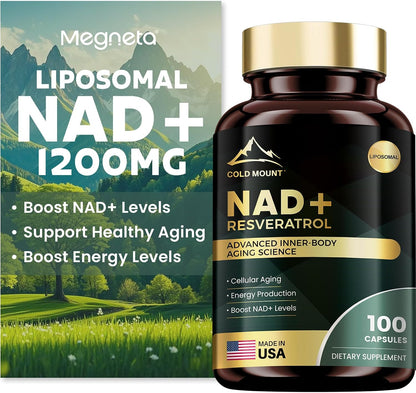 Liposomal NAD+ Supplement 1200Mg with Trans Resveratrol - Boost NAD+ Levels, Energy & Anti-Aging Support - Vegan, 100 Capsules