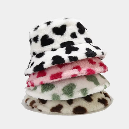 💖 Luxury Heart Print Faux Fur Bucket Hat – Ultra-Soft Winter Fisherman Cap for Women & Teens | Trendy Y2K Warmth ❄️👒