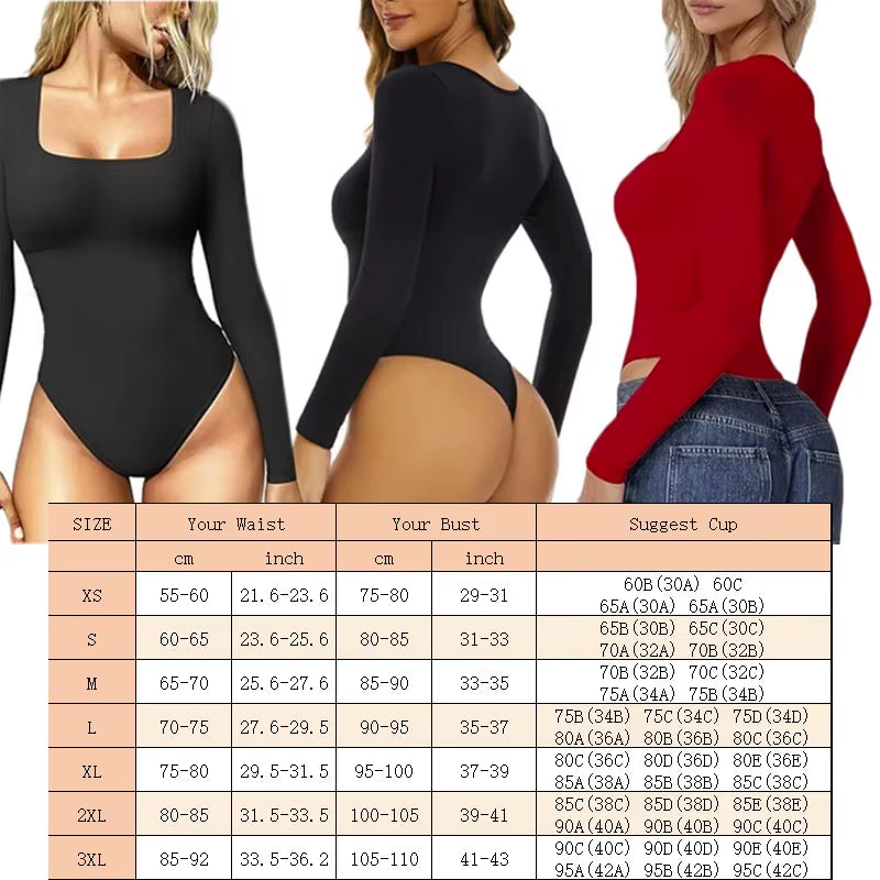 GUUDIA Seamless Tummy Control Bodysuit – Long Sleeve Open Crotch Shapewear with Deep U-Neck 🍑