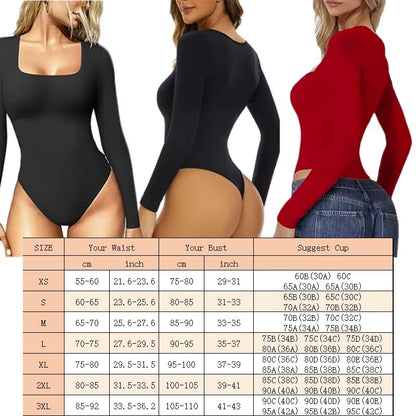 GUUDIA Seamless Tummy Control Bodysuit – Long Sleeve Open Crotch Shapewear with Deep U-Neck 🍑