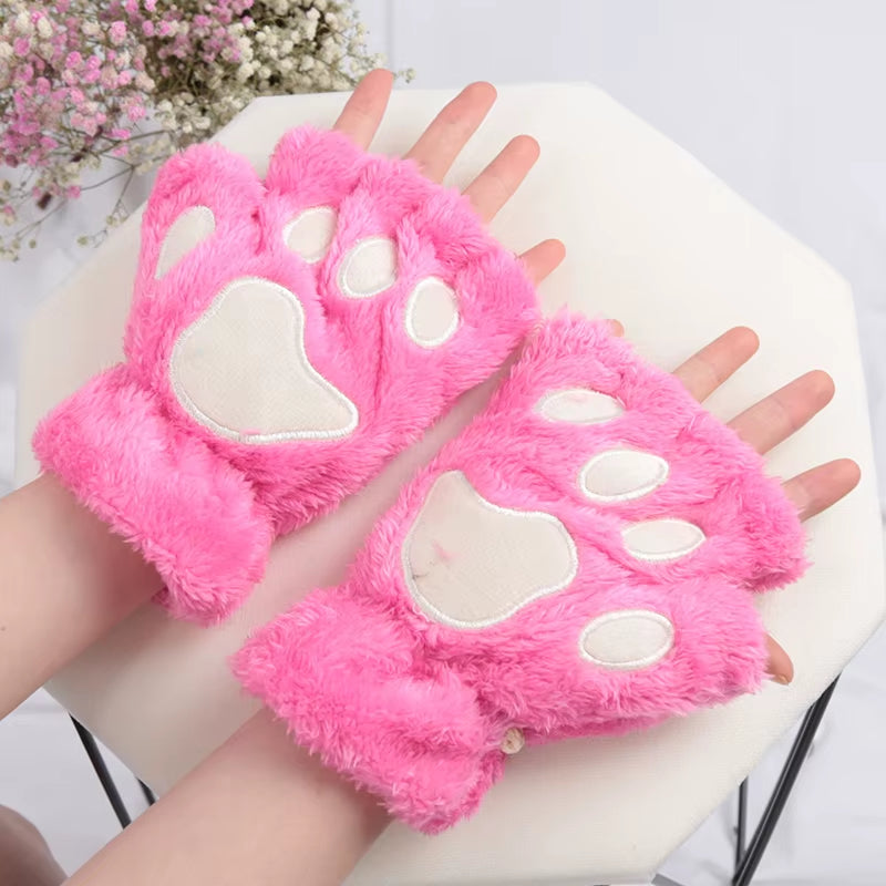 🐾 Kawaii Plush Cat Claw Mittens – Ultra-Soft Thickened Bear Paw Half-Finger Gloves | Cozy Winter Fingerless Hand Warmers for Girls 🐱❄️