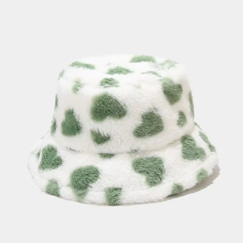 💖 Luxury Heart Print Faux Fur Bucket Hat – Ultra-Soft Winter Fisherman Cap for Women & Teens | Trendy Y2K Warmth ❄️👒