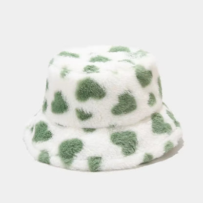 💖 Luxury Heart Print Faux Fur Bucket Hat – Ultra-Soft Winter Fisherman Cap for Women & Teens | Trendy Y2K Warmth ❄️👒