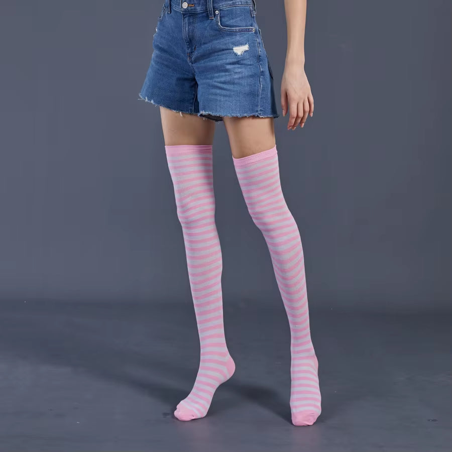 🌈 Vibrant Rainbow Striped Thigh Highs – Colorful Over-the-Knee 🍭✨