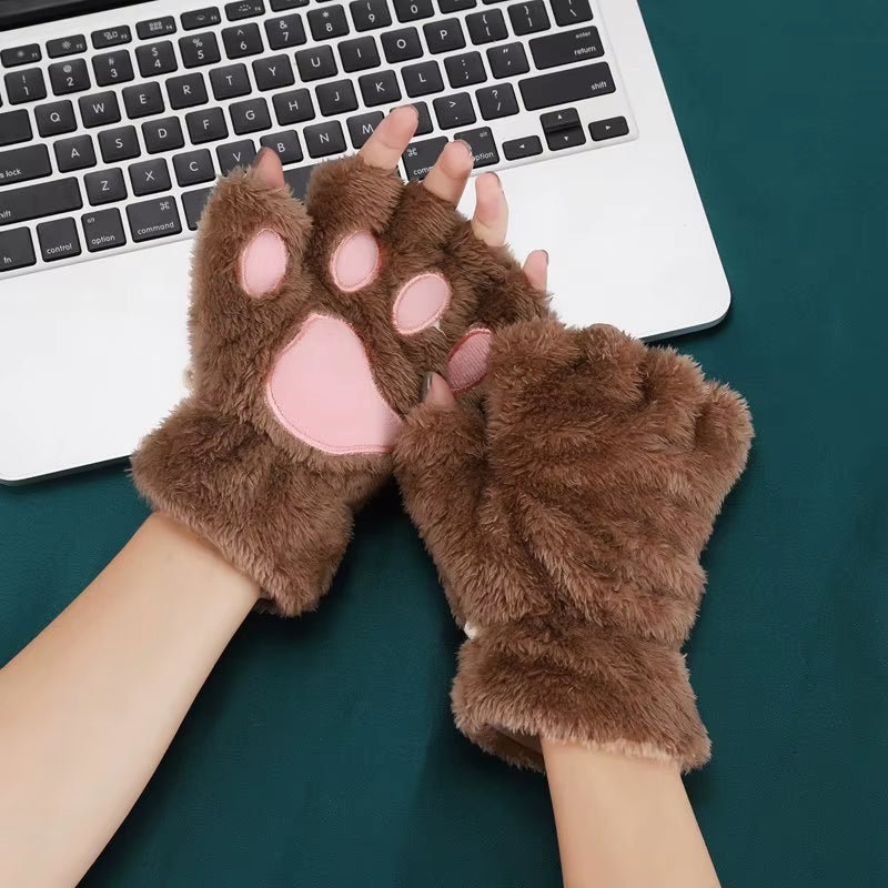 🐾 Kawaii Plush Cat Claw Mittens – Ultra-Soft Thickened Bear Paw Half-Finger Gloves | Cozy Winter Fingerless Hand Warmers for Girls 🐱❄️