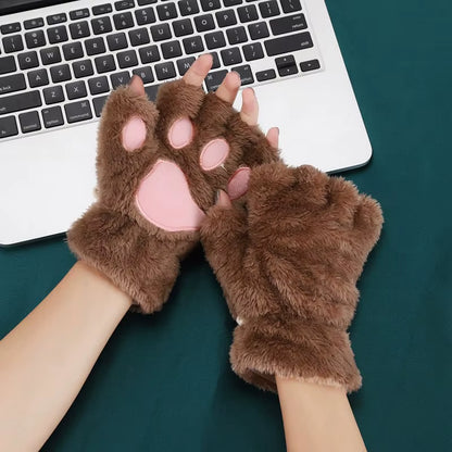 🐾 Kawaii Plush Cat Claw Mittens – Ultra-Soft Thickened Bear Paw Half-Finger Gloves | Cozy Winter Fingerless Hand Warmers for Girls 🐱❄️