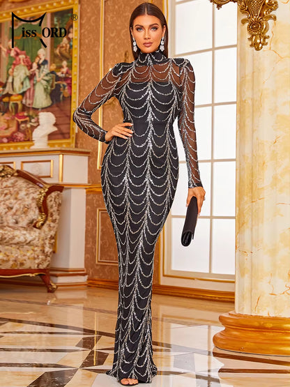 Missord Elegant Wave Sequin Evening Gown – High Neck Mesh Bodycon Party Dress 🌊✨