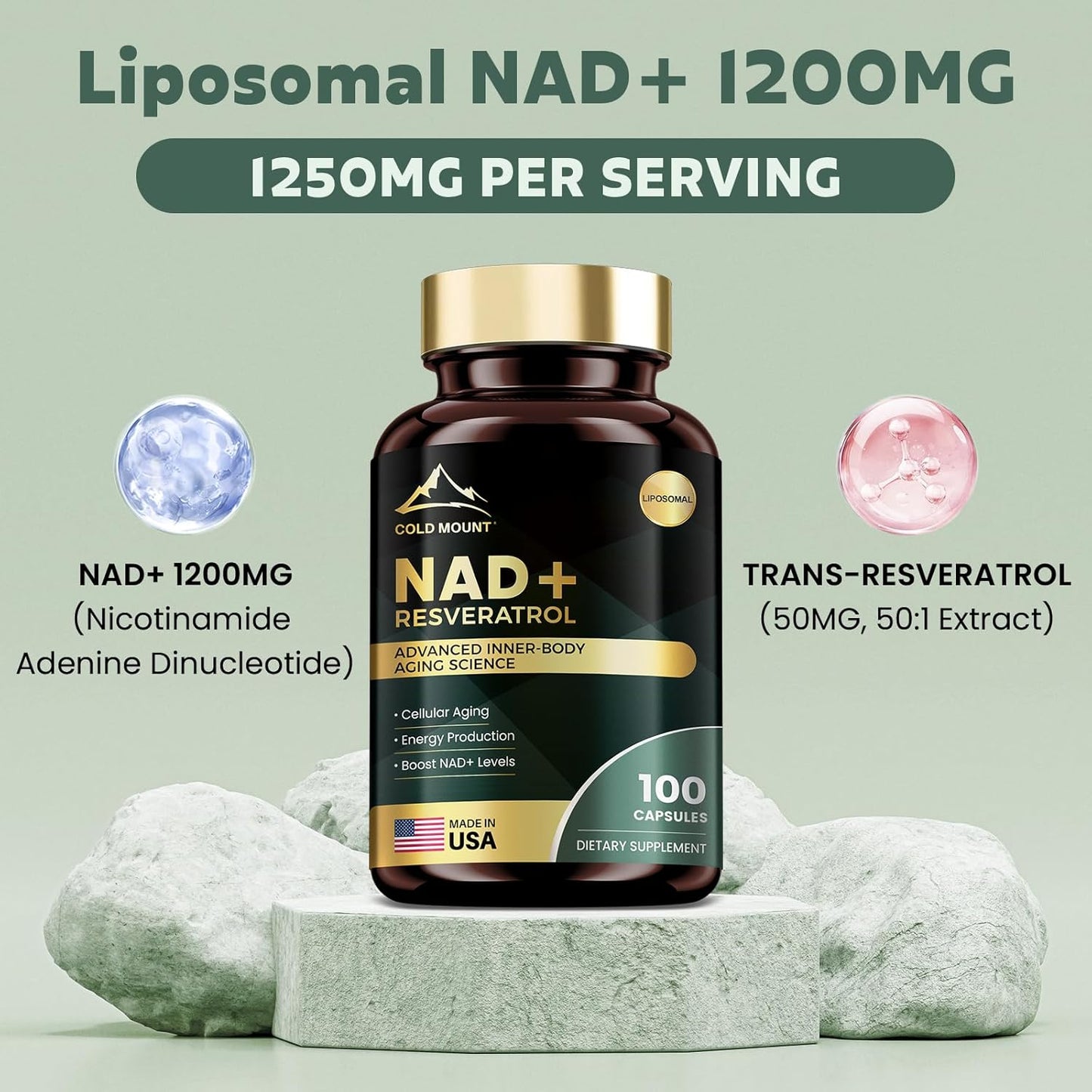 Liposomal NAD+ Supplement 1200Mg with Trans Resveratrol - Boost NAD+ Levels, Energy & Anti-Aging Support - Vegan, 100 Capsules