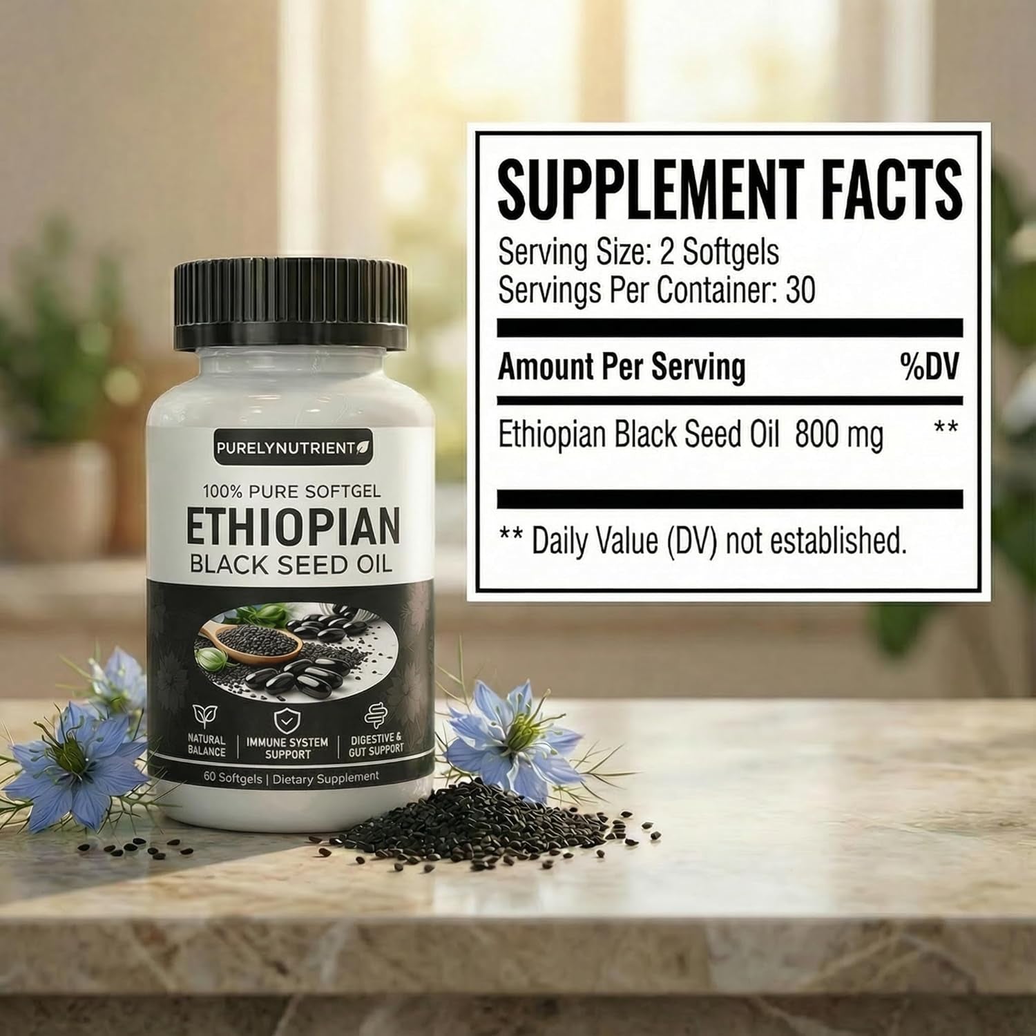 Ethiopian Black Seed Oil Softgels | Ethiopian Black Seed Oil Organic Cold Pressed | 4.64% Thymoquinone | Non-Gmo, Gluten-Free,60 Capsules
