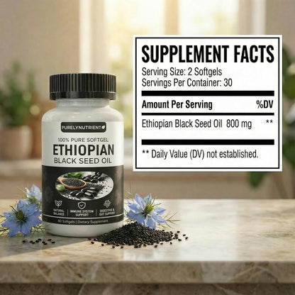 Ethiopian Black Seed Oil Softgels | Ethiopian Black Seed Oil Organic Cold Pressed | 4.64% Thymoquinone | Non-Gmo, Gluten-Free,60 Capsules