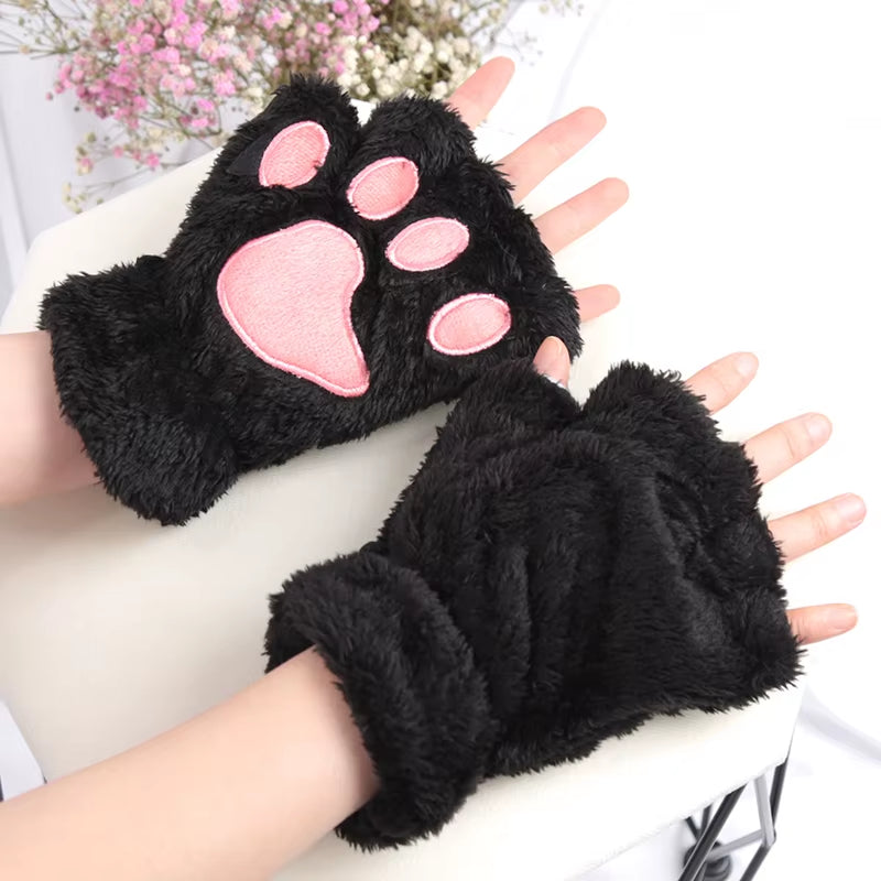 🐾 Kawaii Plush Cat Claw Mittens – Ultra-Soft Thickened Bear Paw Half-Finger Gloves | Cozy Winter Fingerless Hand Warmers for Girls 🐱❄️