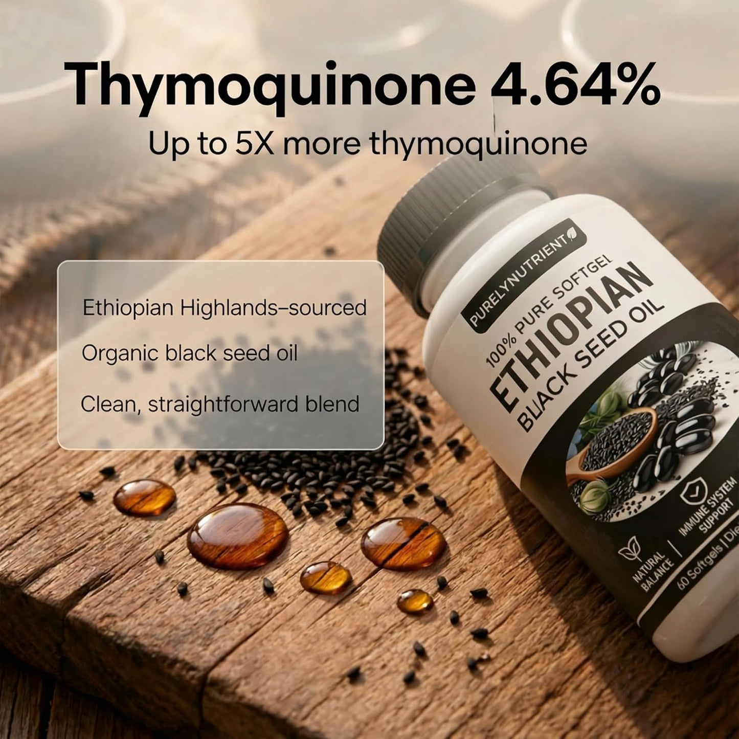 Ethiopian Black Seed Oil Softgels | Ethiopian Black Seed Oil Organic Cold Pressed | 4.64% Thymoquinone | Non-Gmo, Gluten-Free,60 Capsules