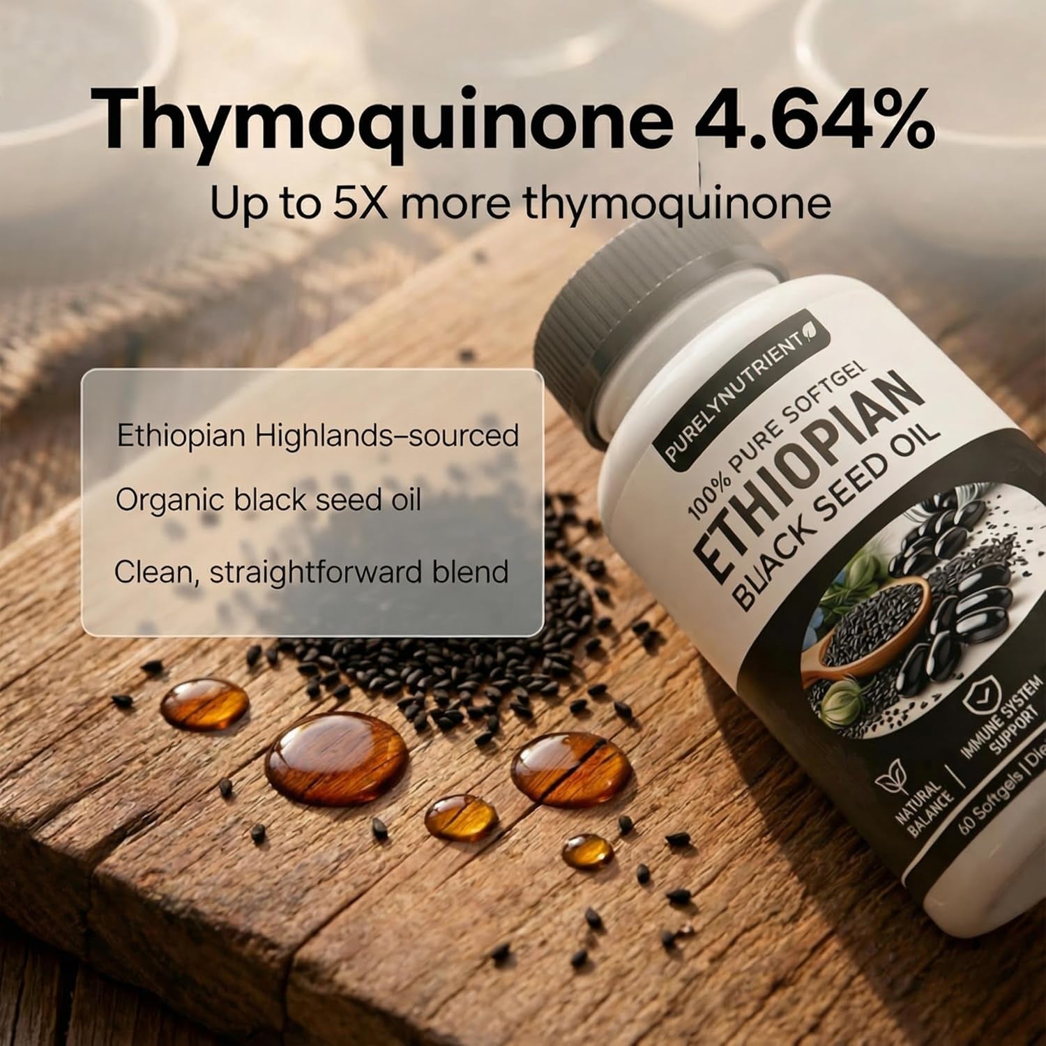 Ethiopian Black Seed Oil Softgels | Ethiopian Black Seed Oil Organic Cold Pressed | 4.64% Thymoquinone | Non-Gmo, Gluten-Free,60 Capsules