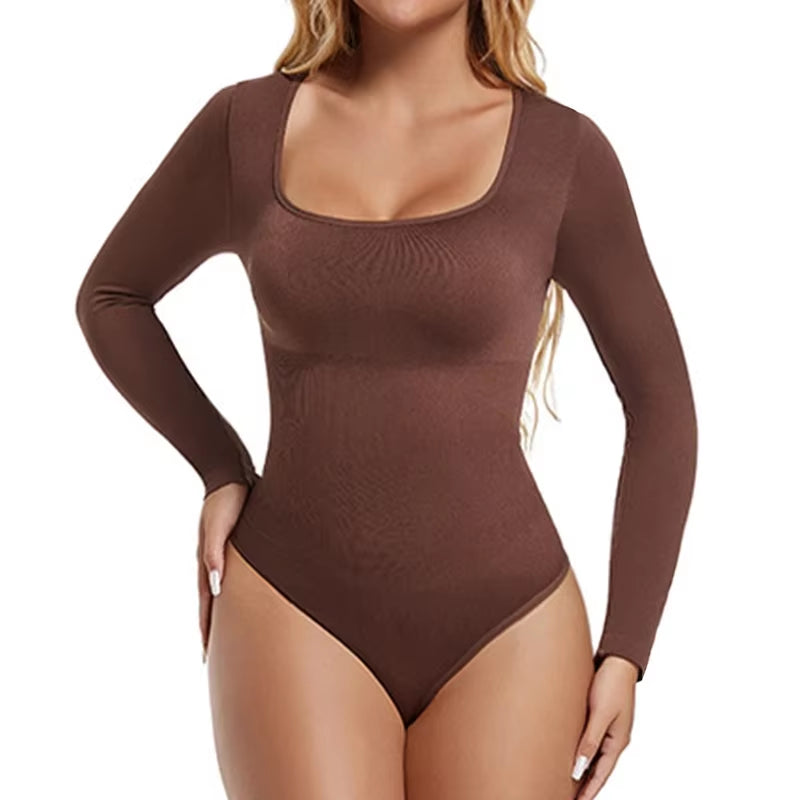 GUUDIA Seamless Tummy Control Bodysuit – Long Sleeve Open Crotch Shapewear with Deep U-Neck 🍑
