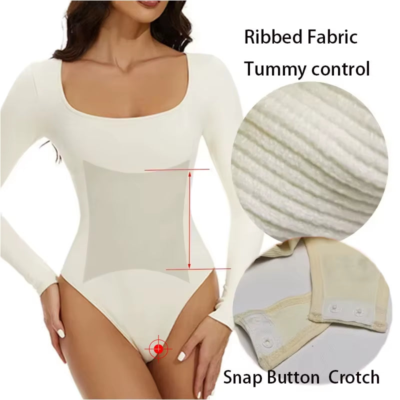 GUUDIA Seamless Tummy Control Bodysuit – Long Sleeve Open Crotch Shapewear with Deep U-Neck 🍑