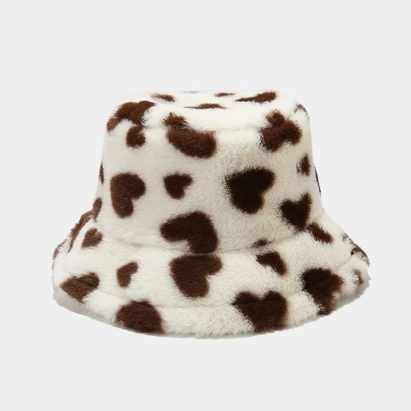 💖 Luxury Heart Print Faux Fur Bucket Hat – Ultra-Soft Winter Fisherman Cap for Women & Teens | Trendy Y2K Warmth ❄️👒