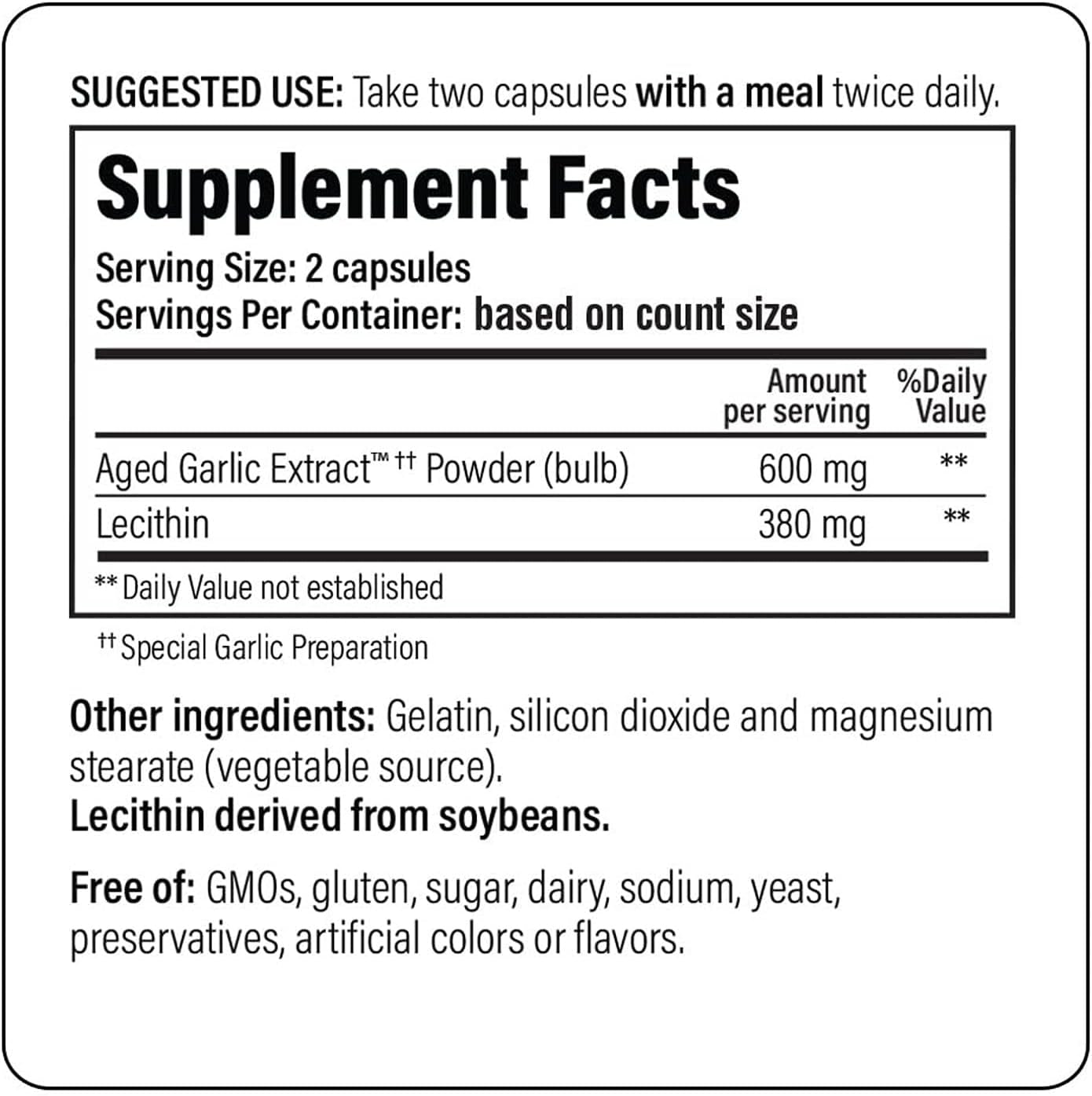 Aged Garlic Extract Formula 104 - Cholesterol Health - Supports Overall Cardiovascular Health* - Odorless Aged Garlic Extract & Lecithin - Gmo-Free, Gluten-Free - 200 Capsules (100 Servings)