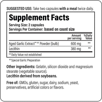 Aged Garlic Extract Formula 104 - Cholesterol Health - Supports Overall Cardiovascular Health* - Odorless Aged Garlic Extract & Lecithin - Gmo-Free, Gluten-Free - 200 Capsules (100 Servings)