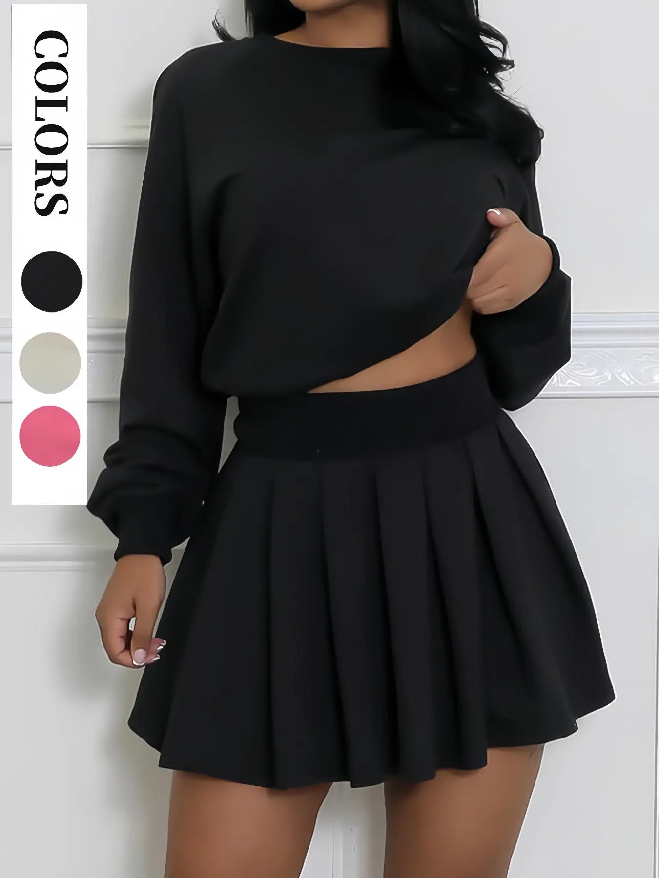 Women'S Fashion Casual Set, Autumn Winter New Style Hoodie Long Sleeve Pullover Top and Pleated Mini Skirt