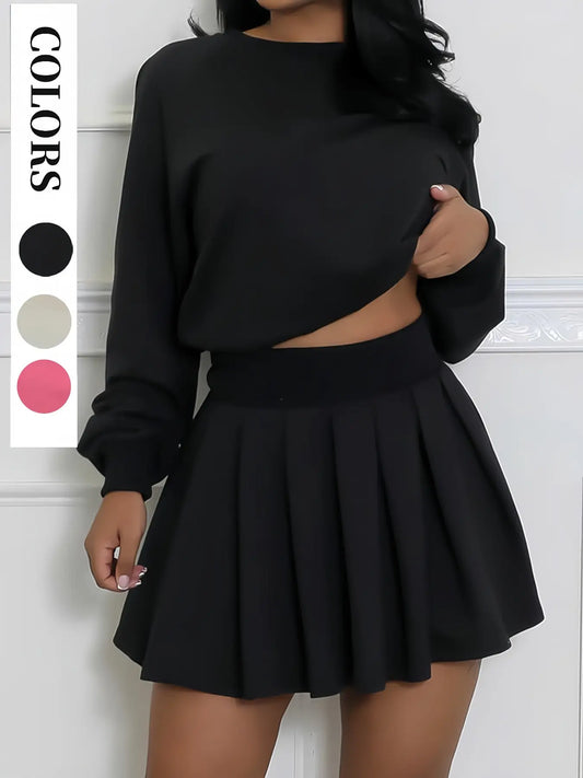 Women'S Fashion Casual Set, Autumn Winter New Style Hoodie Long Sleeve Pullover Top and Pleated Mini Skirt