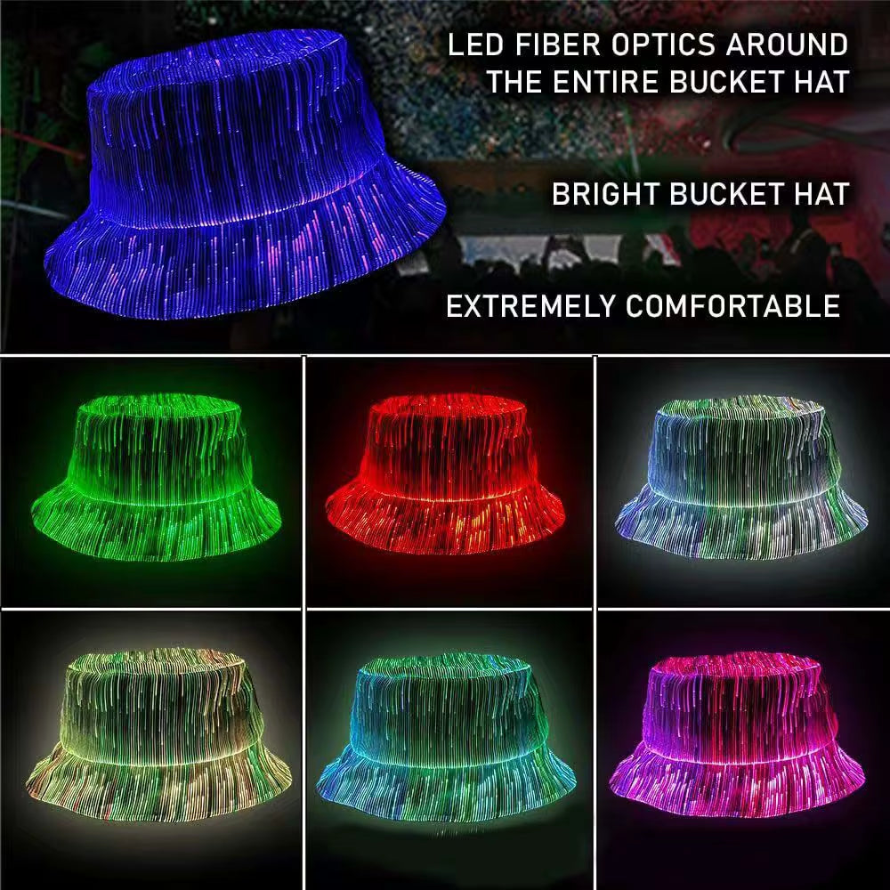 AuraGlow™ Fiber Optic LED Bucket Hat – Cyberpunk Luminous Party Headwear