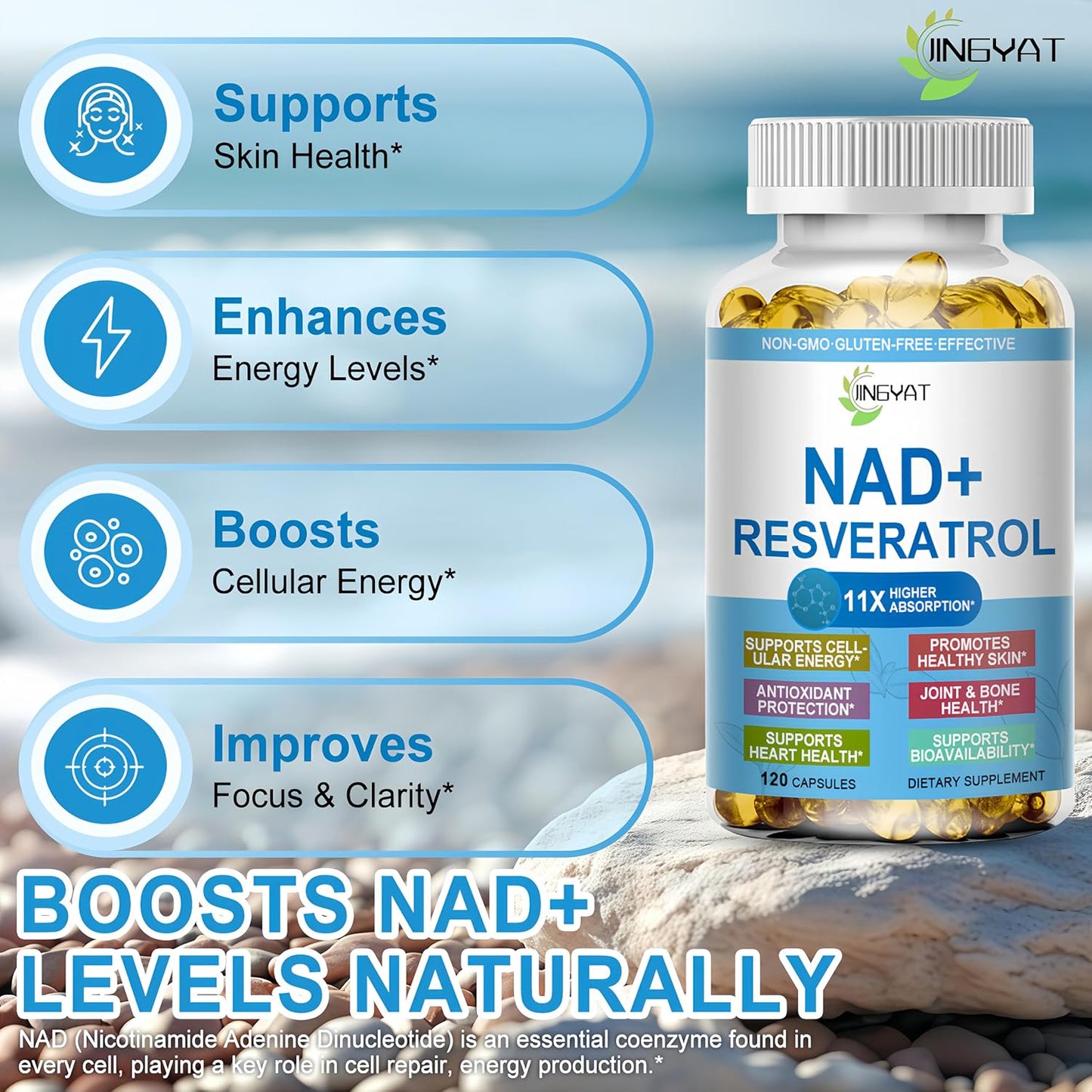 11-In-1 NAD Supplement with Resveratrol, Coq10, Quercetin, Collagen, Grape Seed for Cellular Energy, Mental Focus & Antioxidant Support - NAD Supplement for Women & Men, 120 Soft Capsules