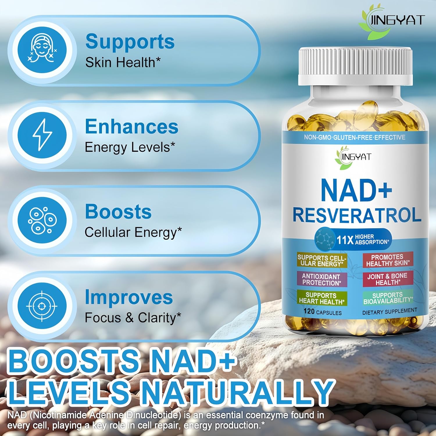 11-In-1 NAD Supplement with Resveratrol, Coq10, Quercetin, Collagen, Grape Seed for Cellular Energy, Mental Focus & Antioxidant Support - NAD Supplement for Women & Men, 120 Soft Capsules