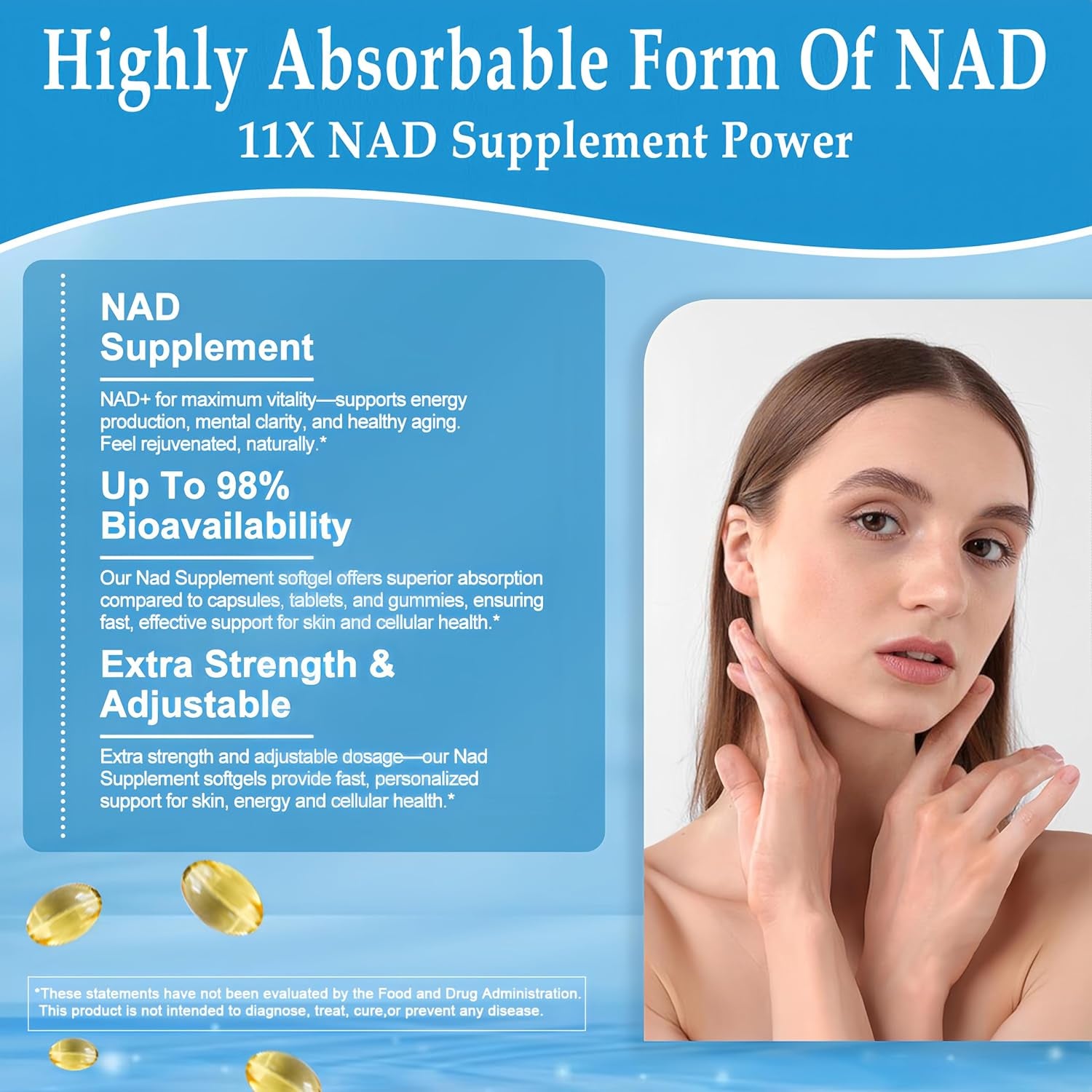 11-In-1 NAD Supplement with Resveratrol, Coq10, Quercetin, Collagen, Grape Seed for Cellular Energy, Mental Focus & Antioxidant Support - NAD Supplement for Women & Men, 120 Soft Capsules