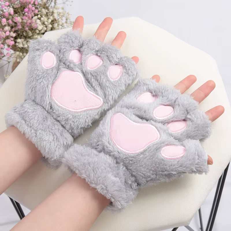 🐾 Kawaii Plush Cat Claw Mittens – Ultra-Soft Thickened Bear Paw Half-Finger Gloves | Cozy Winter Fingerless Hand Warmers for Girls 🐱❄️