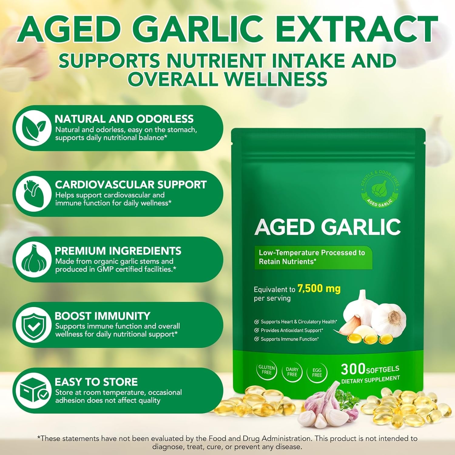 Aged Garlic Extract Capsules, Immune & Antioxidant Support Garlic Soft Capsules, Supports Heart & Circulatory Health, Take It Directly and Swallow It Whole, 2Pack