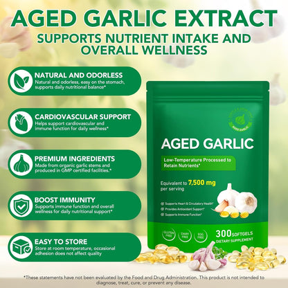 Aged Garlic Extract Capsules, Immune & Antioxidant Support Garlic Soft Capsules, Supports Heart & Circulatory Health, Take It Directly and Swallow It Whole, 2Pack
