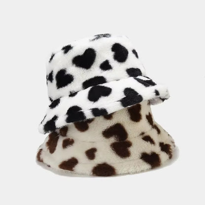 💖 Luxury Heart Print Faux Fur Bucket Hat – Ultra-Soft Winter Fisherman Cap for Women & Teens | Trendy Y2K Warmth ❄️👒