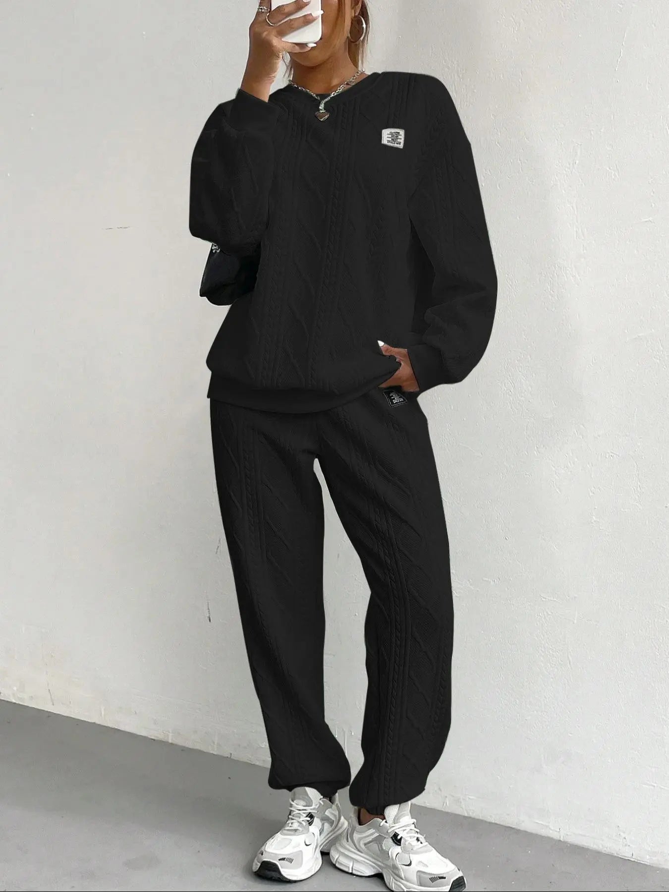Urban Luxe Textured Letter Set – Cozy Drop Shoulder Pullover & Elastic Joggers knitted 🏷️✨