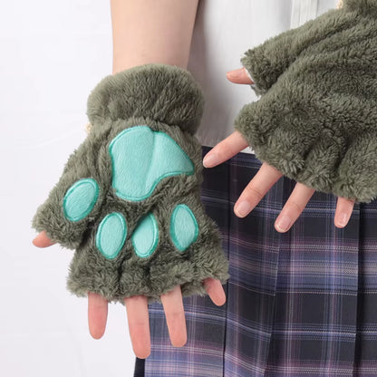 🐾 Kawaii Plush Cat Claw Mittens – Ultra-Soft Thickened Bear Paw Half-Finger Gloves | Cozy Winter Fingerless Hand Warmers for Girls 🐱❄️
