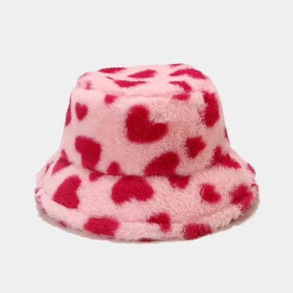 💖 Luxury Heart Print Faux Fur Bucket Hat – Ultra-Soft Winter Fisherman Cap for Women & Teens | Trendy Y2K Warmth ❄️👒