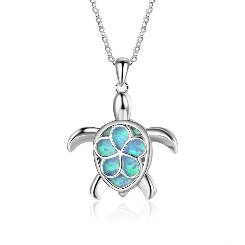 🐢 Bohemian Blue Fire Opal Sea Turtle Necklace – Shimmering Ocean Animal Pendant for Women 🌊✨