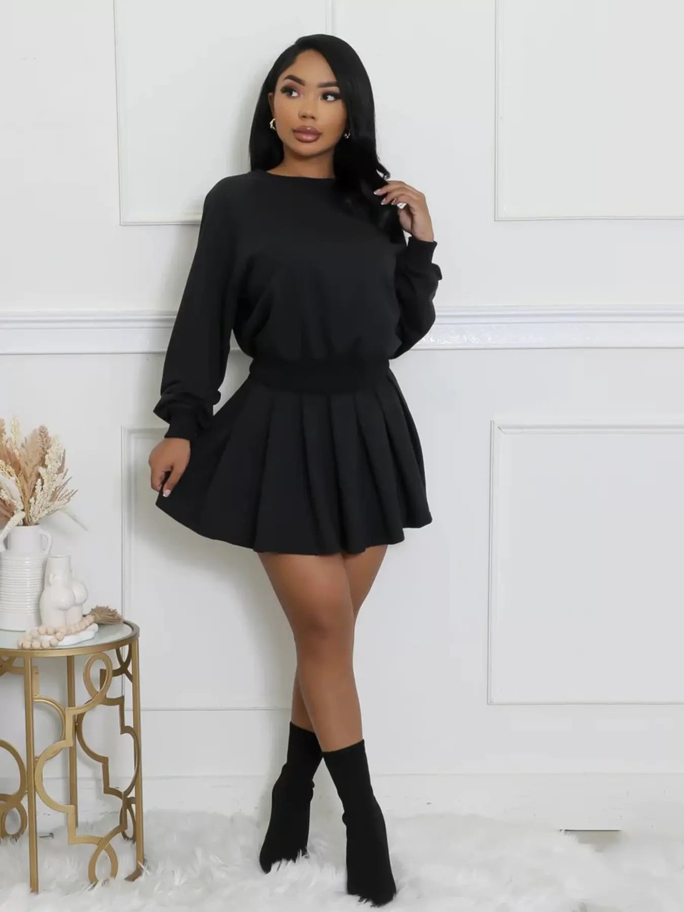 Women'S Fashion Casual Set, Autumn Winter New Style Hoodie Long Sleeve Pullover Top and Pleated Mini Skirt