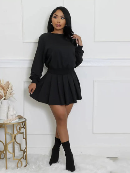 Women'S Fashion Casual Set, Autumn Winter New Style Hoodie Long Sleeve Pullover Top and Pleated Mini Skirt