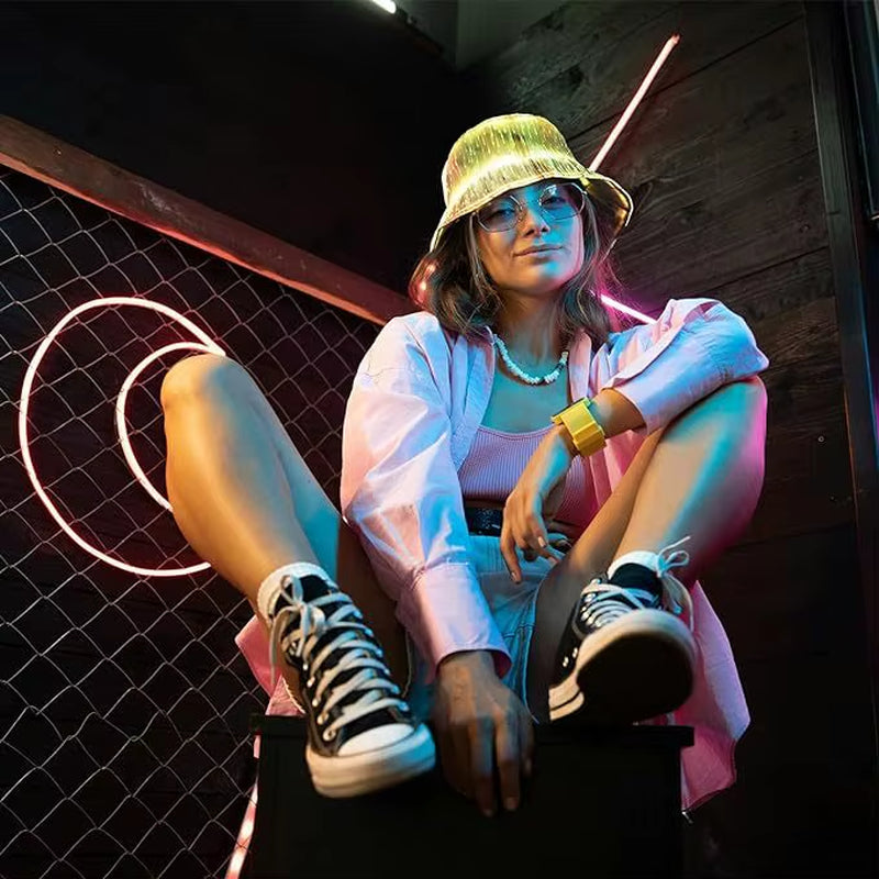 AuraGlow™ Fiber Optic LED Bucket Hat – Cyberpunk Luminous Party Headwear
