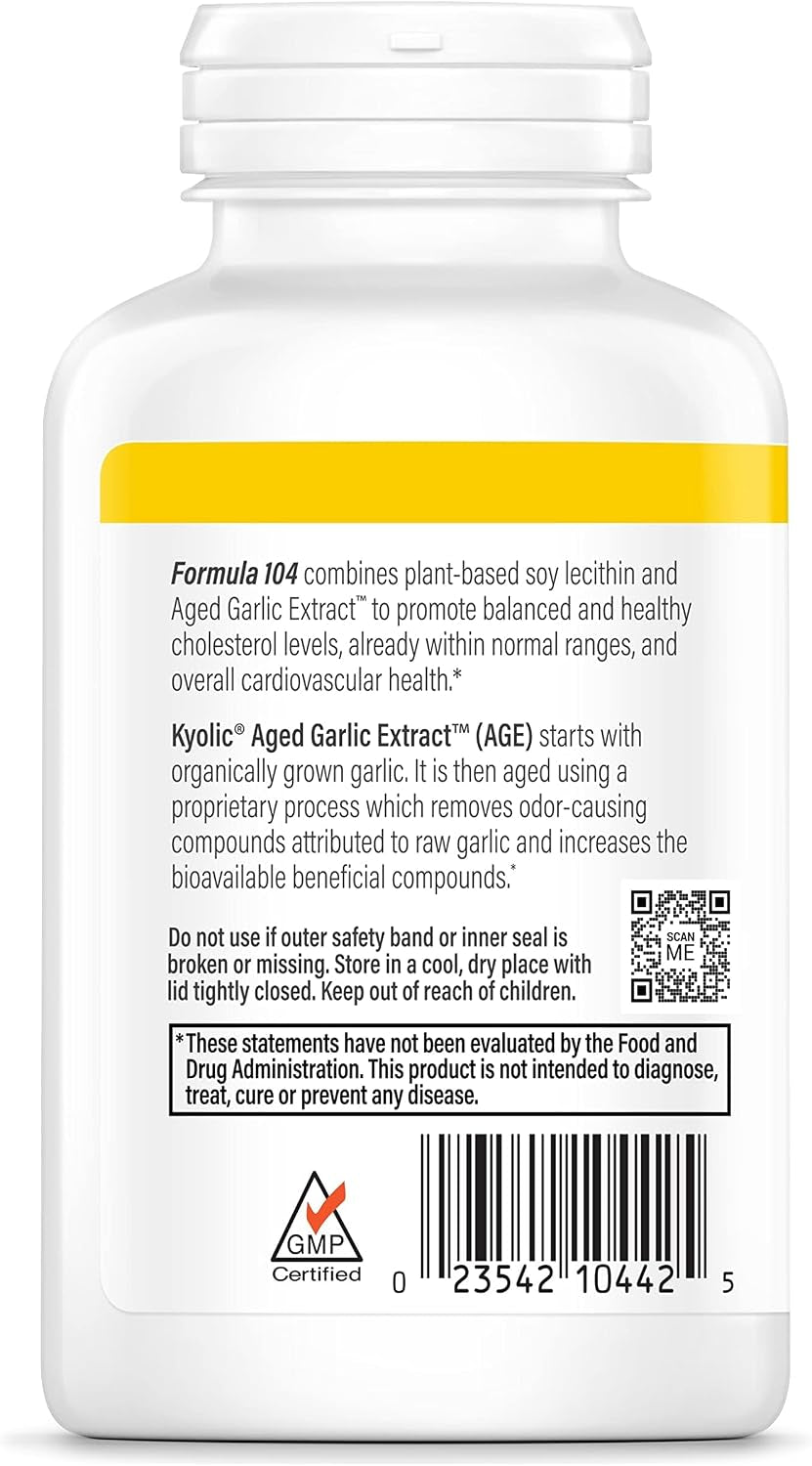 Aged Garlic Extract Formula 104 - Cholesterol Health - Supports Overall Cardiovascular Health* - Odorless Aged Garlic Extract & Lecithin - Gmo-Free, Gluten-Free - 200 Capsules (100 Servings)