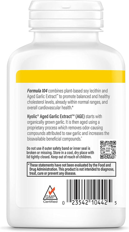 Aged Garlic Extract Formula 104 - Cholesterol Health - Supports Overall Cardiovascular Health* - Odorless Aged Garlic Extract & Lecithin - Gmo-Free, Gluten-Free - 200 Capsules (100 Servings)