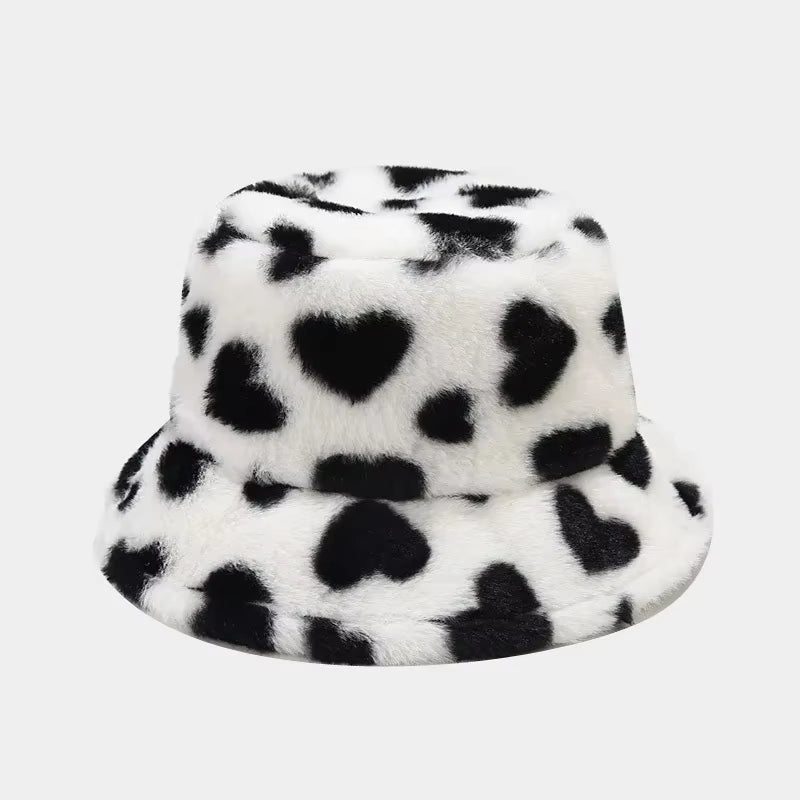 💖 Luxury Heart Print Faux Fur Bucket Hat – Ultra-Soft Winter Fisherman Cap for Women & Teens | Trendy Y2K Warmth ❄️👒