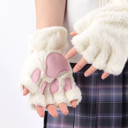 🐾 Kawaii Plush Cat Claw Mittens – Ultra-Soft Thickened Bear Paw Half-Finger Gloves | Cozy Winter Fingerless Hand Warmers for Girls 🐱❄️
