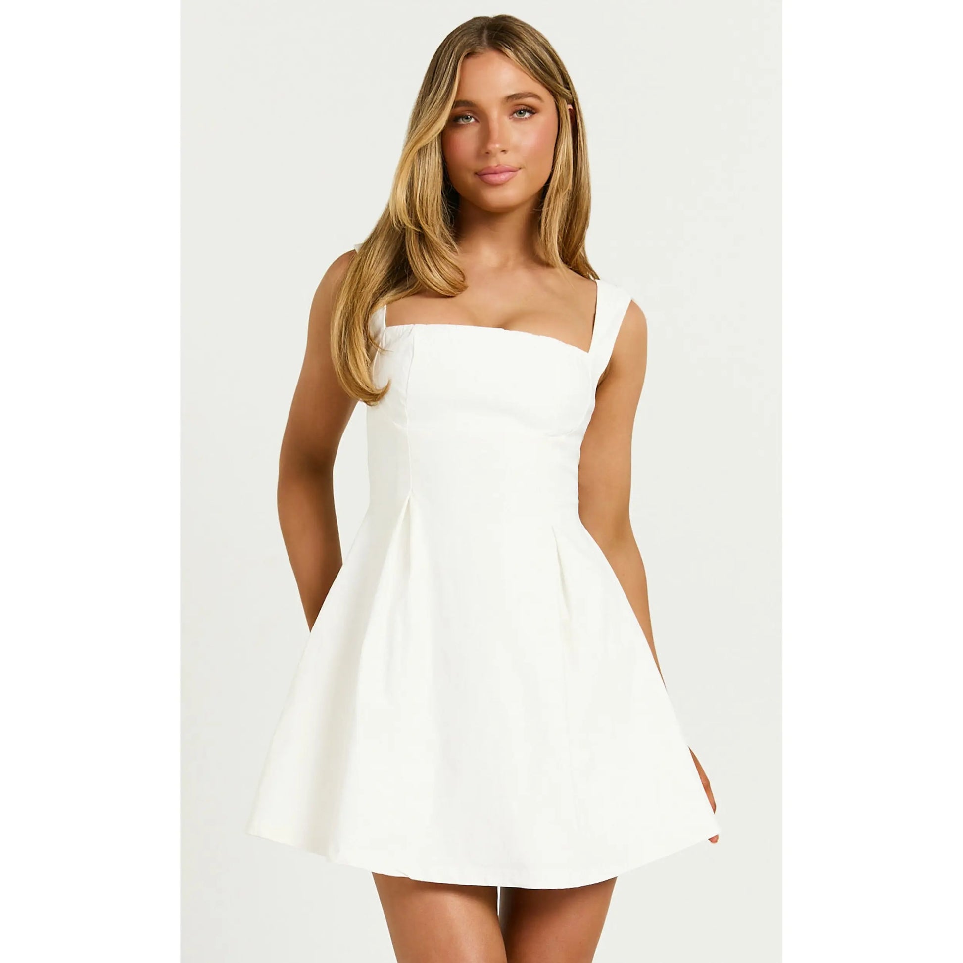 Ida Bow-Back Mini Dress – Elegant Straight Neck & Wide Straps in Classic White